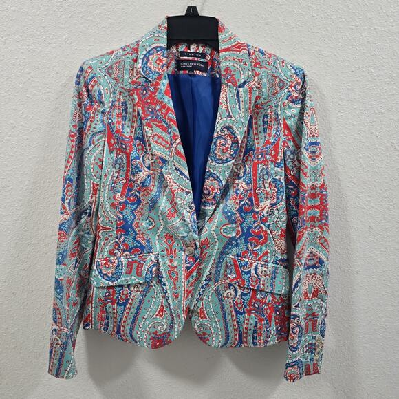 Jones New York Blazer Stretch Size 6 Paisley Rojo Azul Turquesa Elegante - Picture 1 of 12